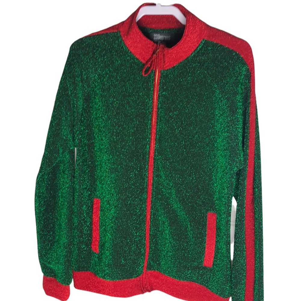 Green and Red Festive Holiday Christmas Glitter Zip Up Sweater Size L